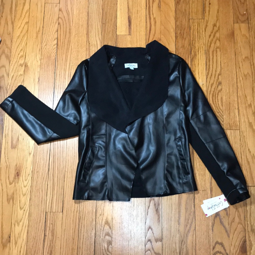 Coffeshop faux leather drape front jacket